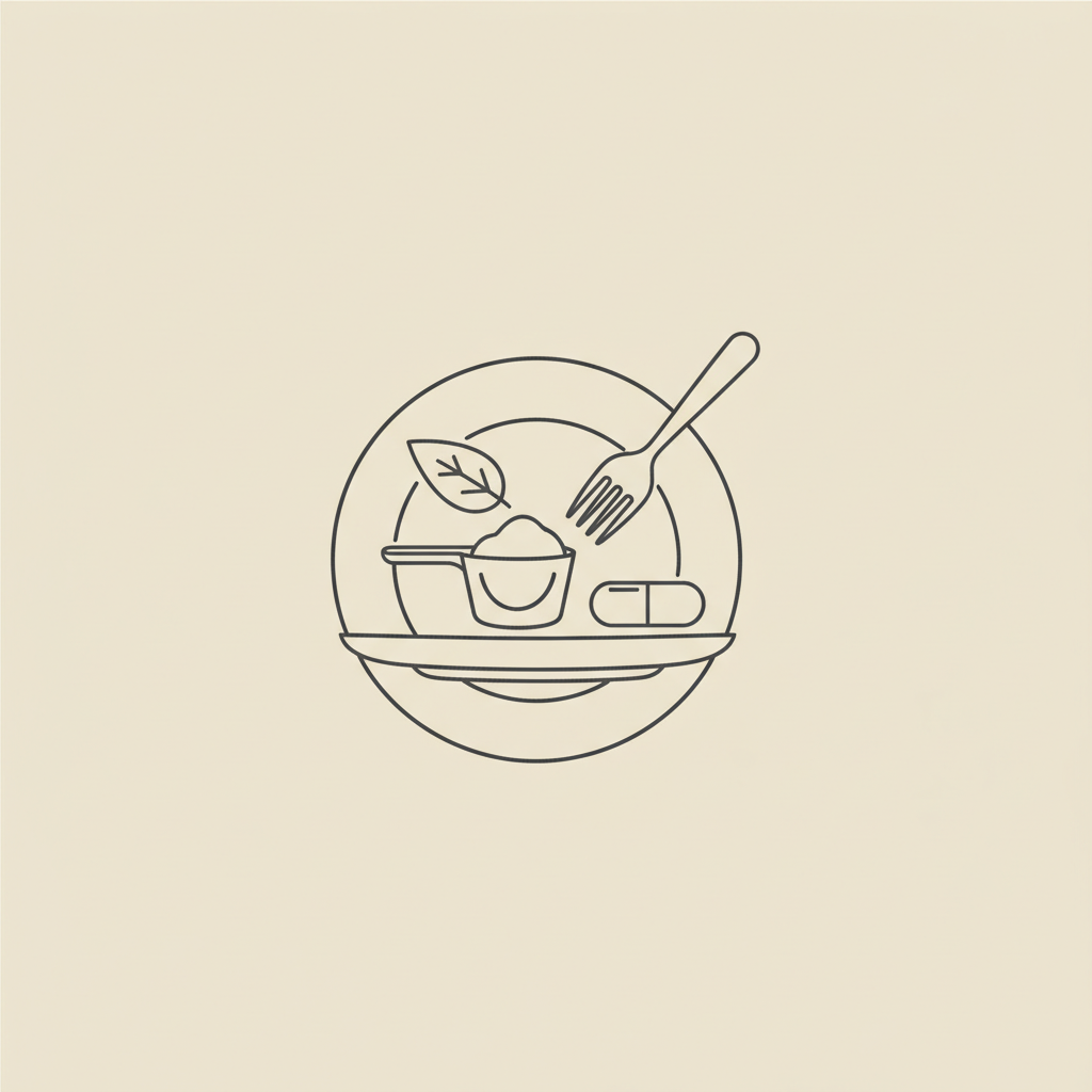 Minimal Tonum-style line illustration of a plate with a fork, a small whey scoop, a capsule and a stylized leaf on beige background, representing whey protein for fat loss