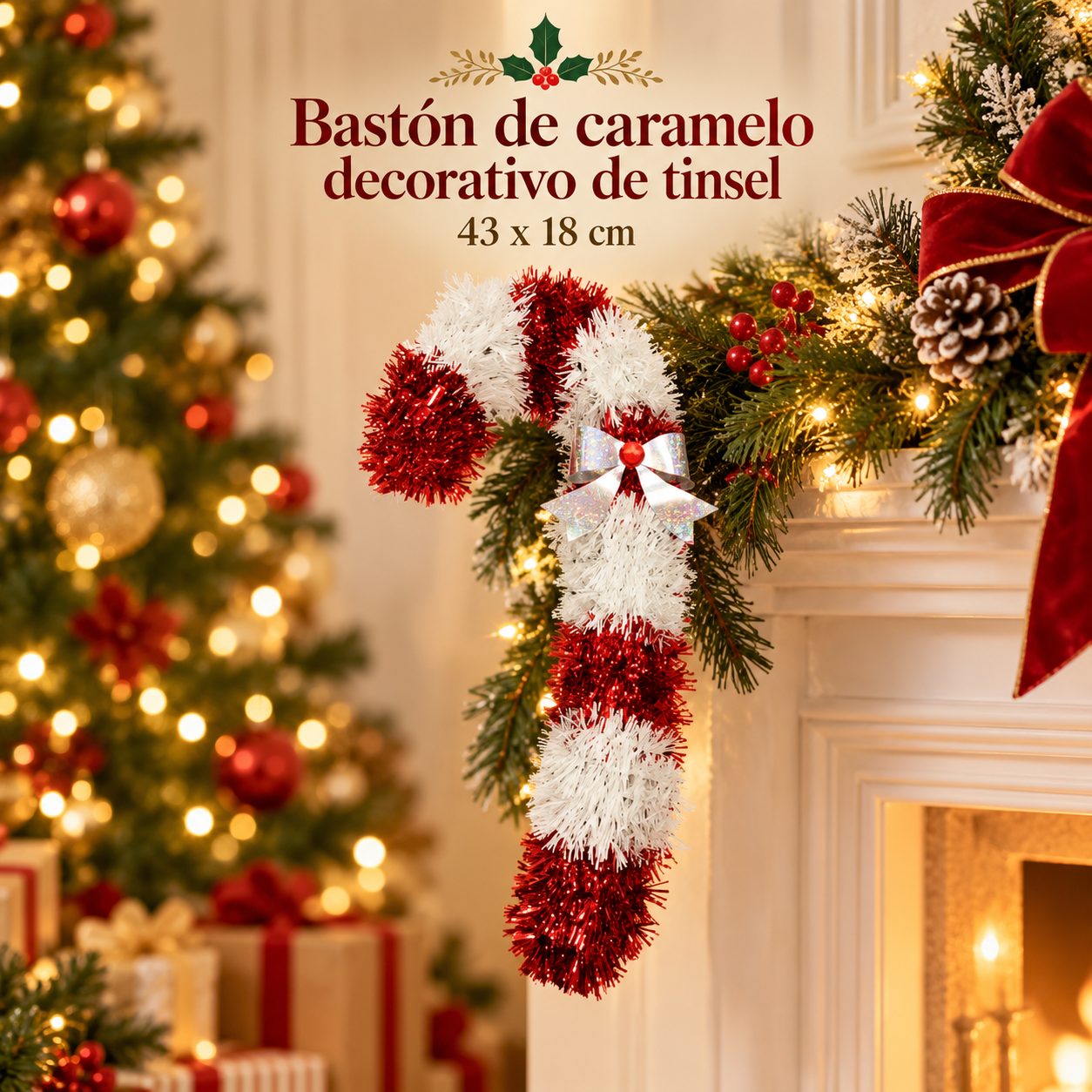 Bastón de caramelo decorativo de tinsel 43 x 18 cm
