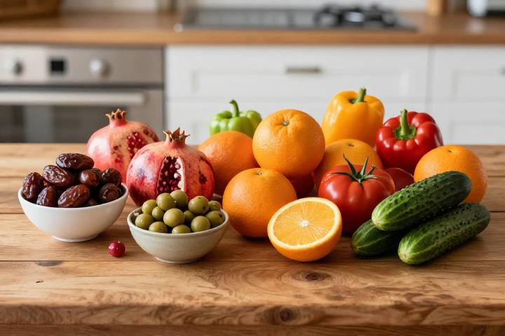 مجموعة متنوعة من الفواكه والخضروات الطازجة والملونة على طاولة مطبخ خشبي، مع إضاءة طبيعية دافئة، مما يرمز إلى النظام الغذائي الصحي.