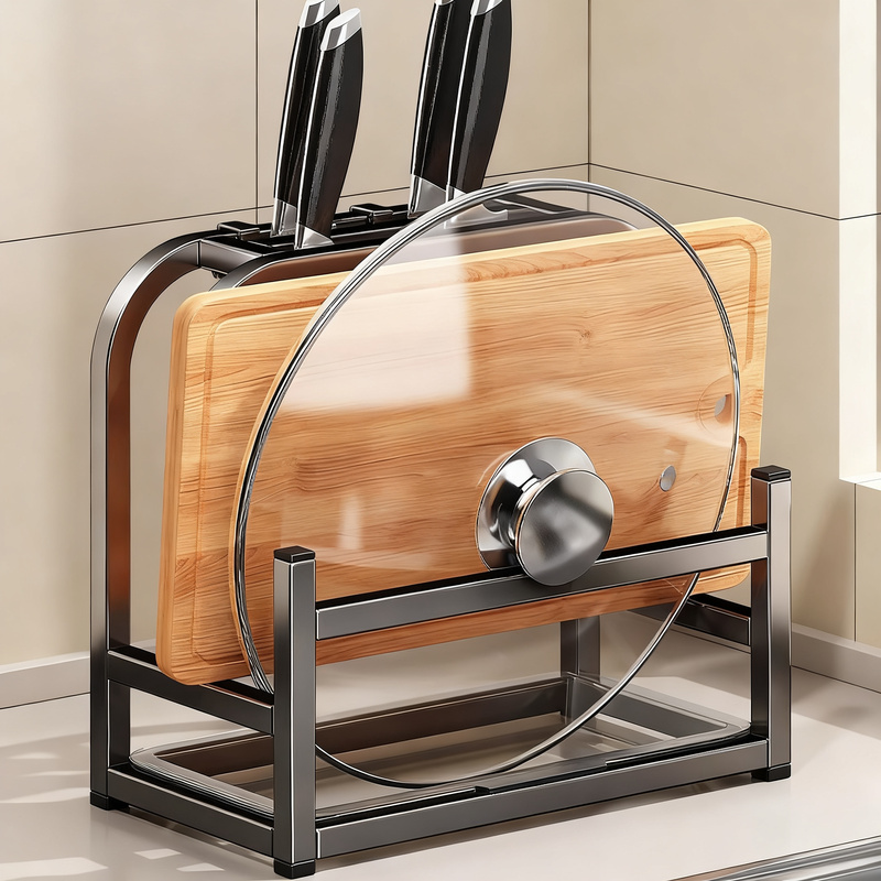 Knife stand with cutting board and pot lid holder