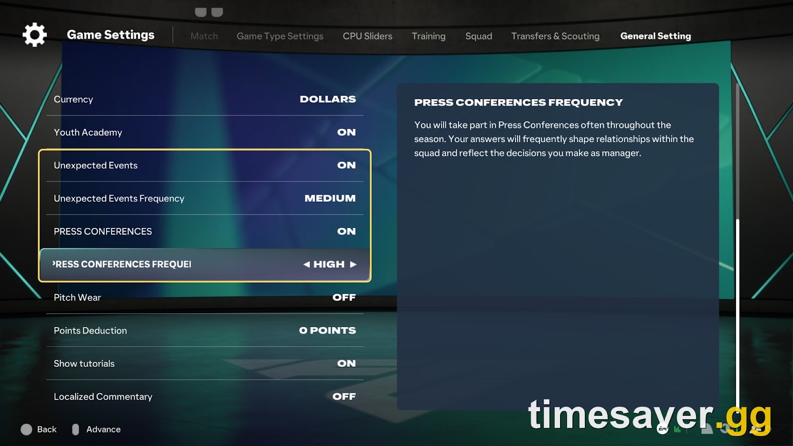 FC 27 Career settings for Unexpected Events and Press Conferences frequency