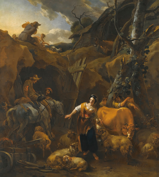 A mountainous italianate landscape with milkmaids and other figures 1670