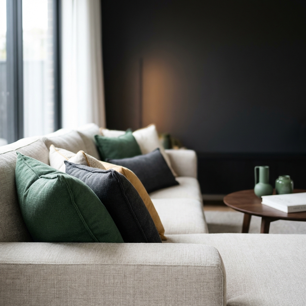 Close up rental living room photographed with natural light and staged pillows minimal composition Finance Police brand colors how to buy airbnb property with no money