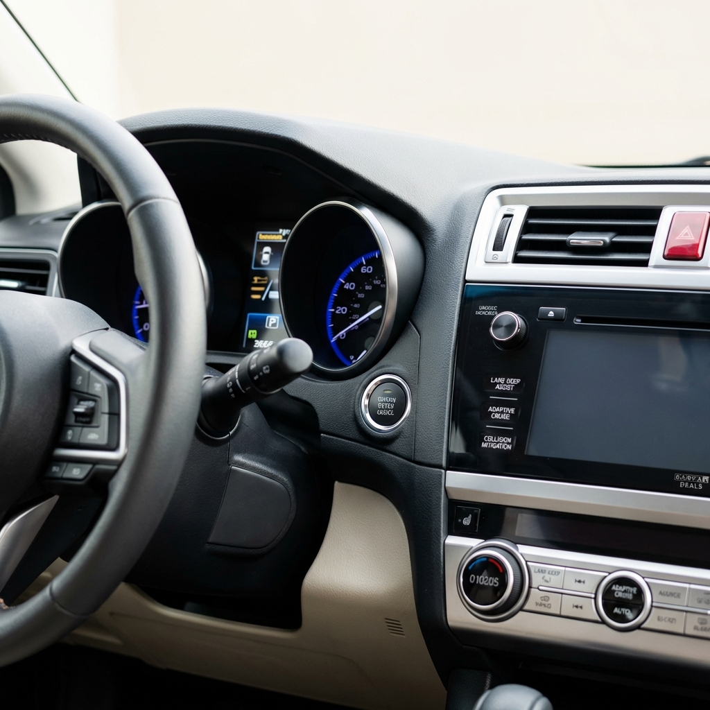 Close interior detail of a Subaru Outback dashboard showing driver assistance controls and safety indicators subaru outback for sale