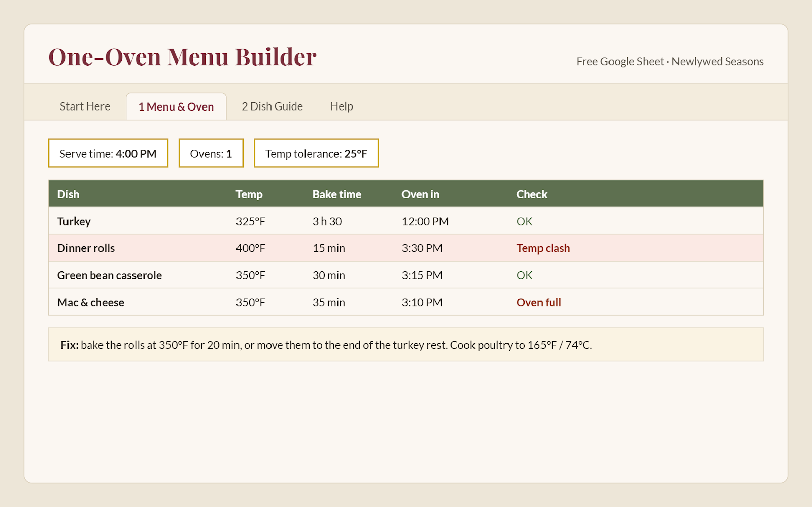 Preview of the One-Oven Menu Builder sheet