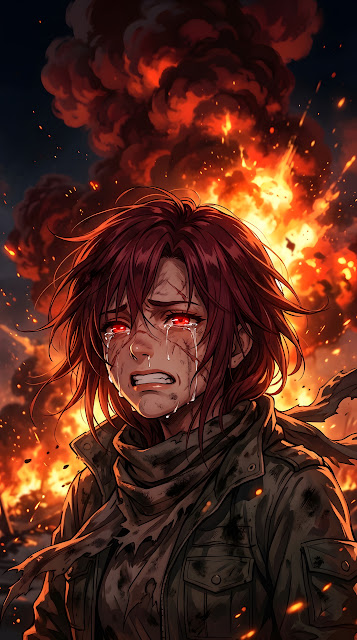 Anime Style Portrait of a Distressed Woman against a Background of Fire and Smoke - Free mobile Wallpaper