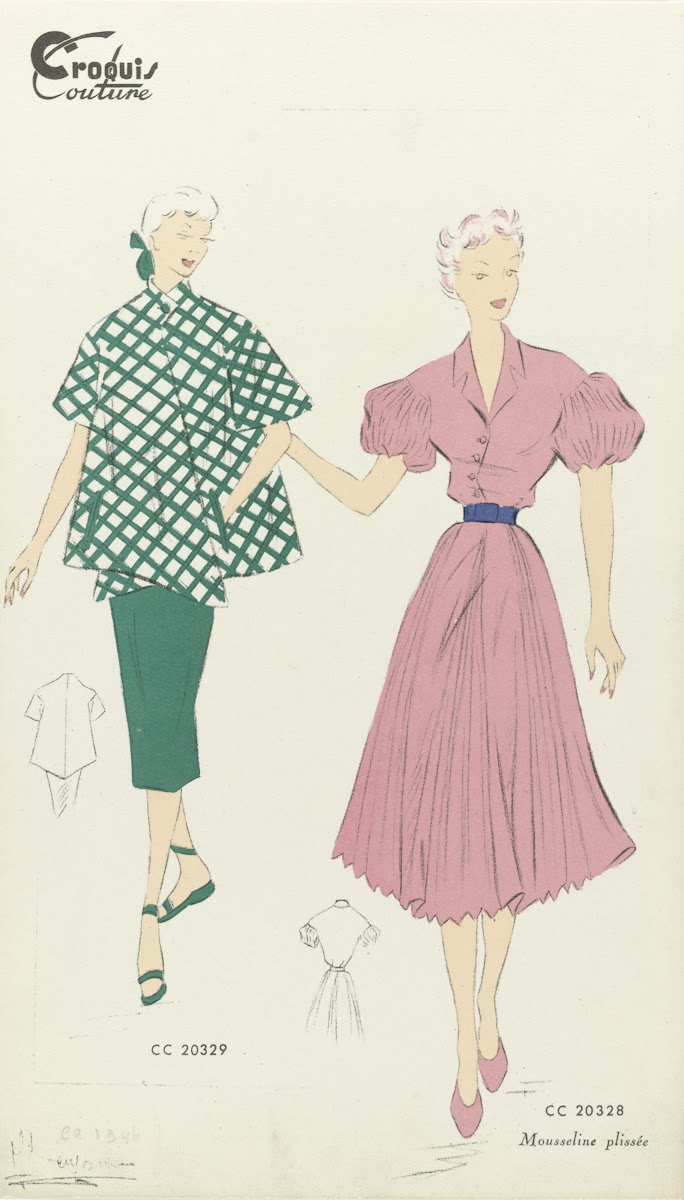 Croquis Couture No CC 20329 en CC 20328  Mousseline plissée c 1946