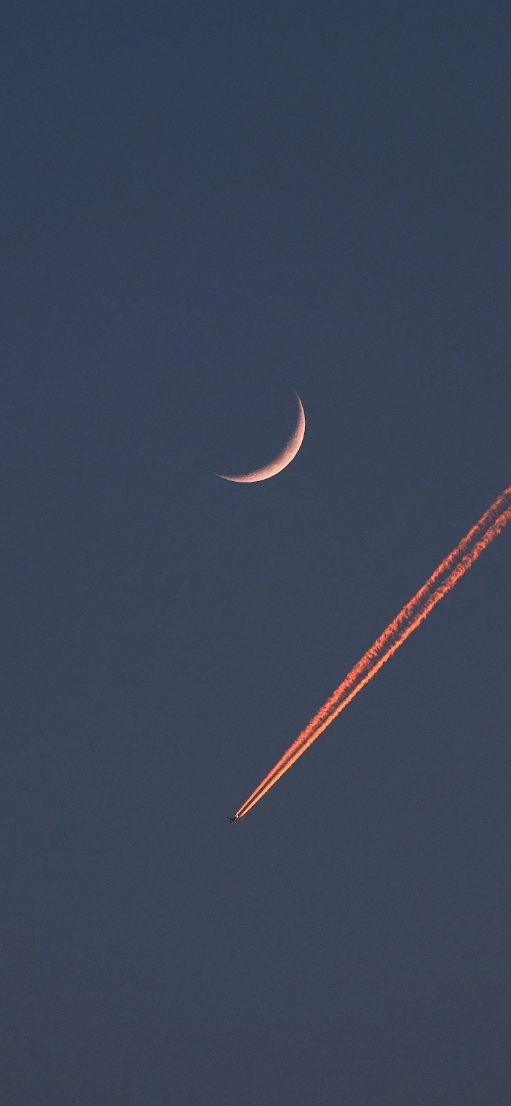 Crescent Moon and Glowing Plane Trail - Minimalist Sky Photography 2K iPhone Wallpaper (2150x4658)