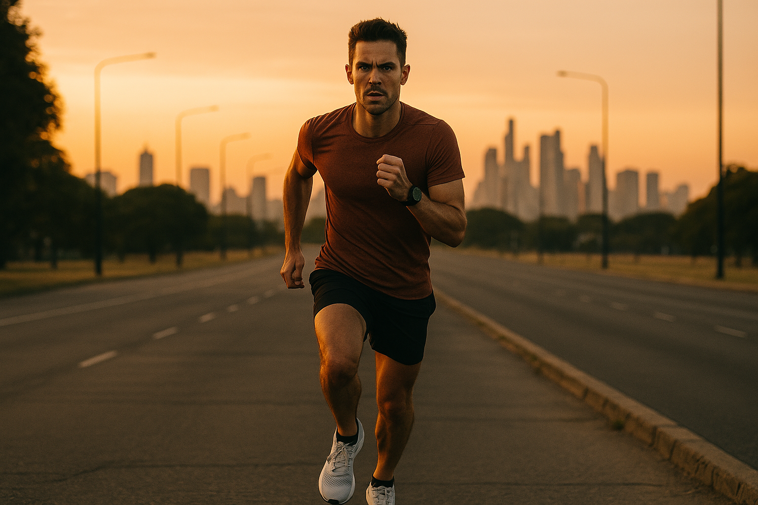 Corredor entrenando solo en ruta al amanecer con skyline de Buenos Aires al fondo