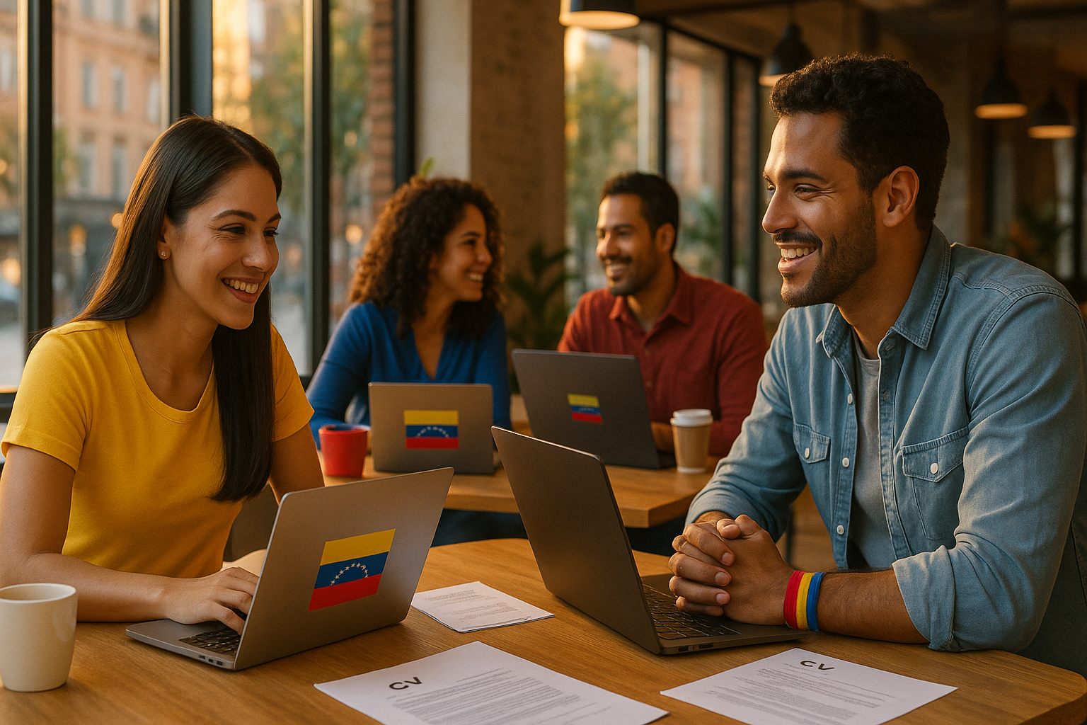 Venezolanos reunidos en un café-coworking colaborando en mentorías laborales
