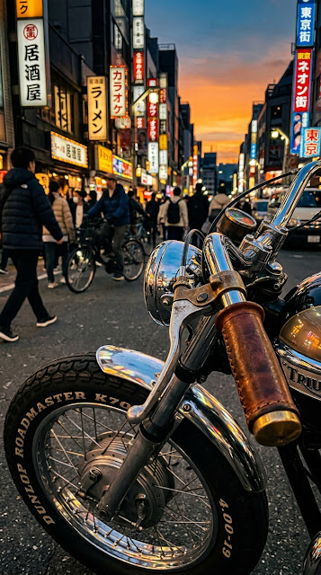 Close-up of Vintage Motorcycle with Urban Neon Background - Free mobile Wallpaper