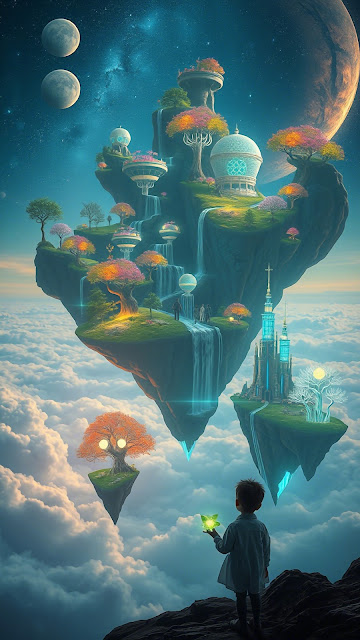 Child Observing Floating Sky City and Cosmic Landscape - Free mobile Wallpaper