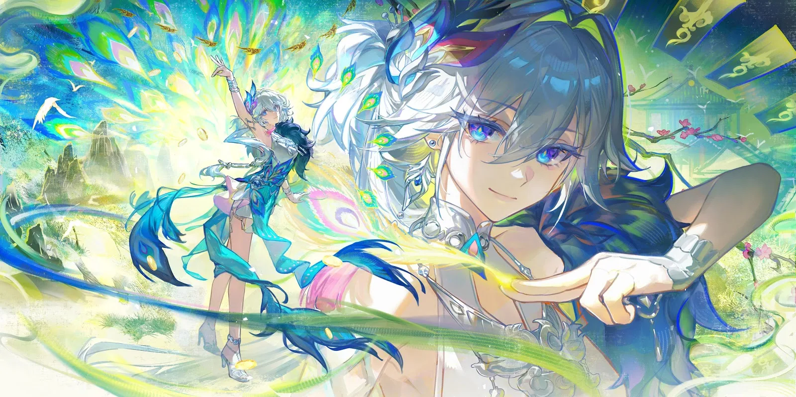 Fu Hua Peacock Fantasy Illustration - Digital Anime Illustration 4K Wallpaper (5306x2646)