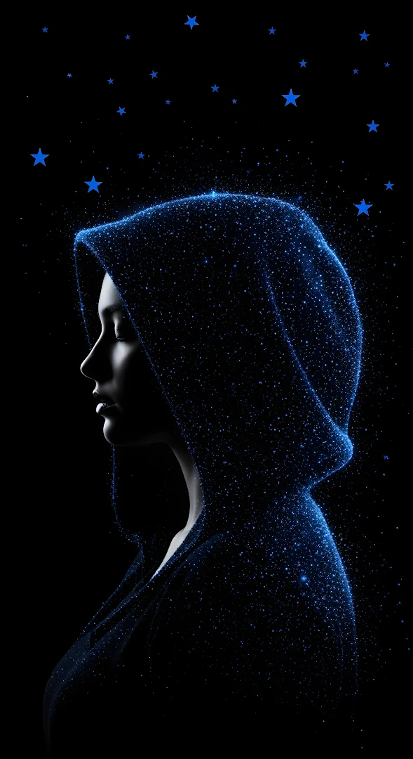 Ethereal Hooded Silhouette Blue Particle Digital Art