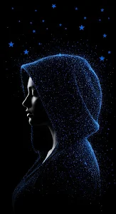 Ethereal Hooded Silhouette Blue Particle Digital Art