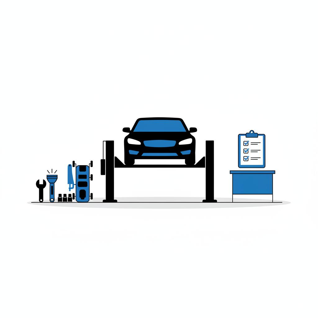 Minimalist 2D vector of a car on a lift with tools and a clipboard with checklist icons for a pre purchase inspection for used cars under 10000