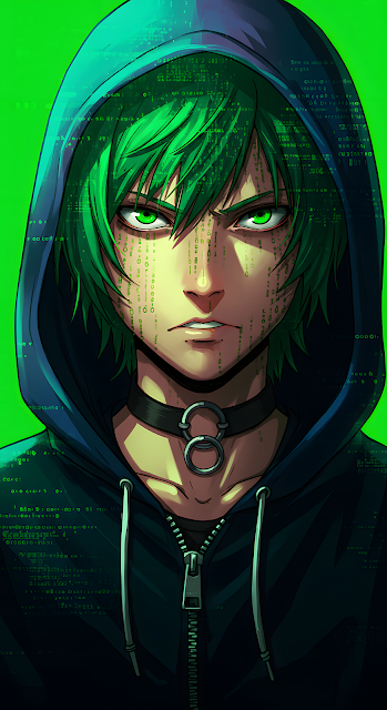 Intense Hacker Portrait with Green Matrix Code Rain - Free mobile Wallpaper