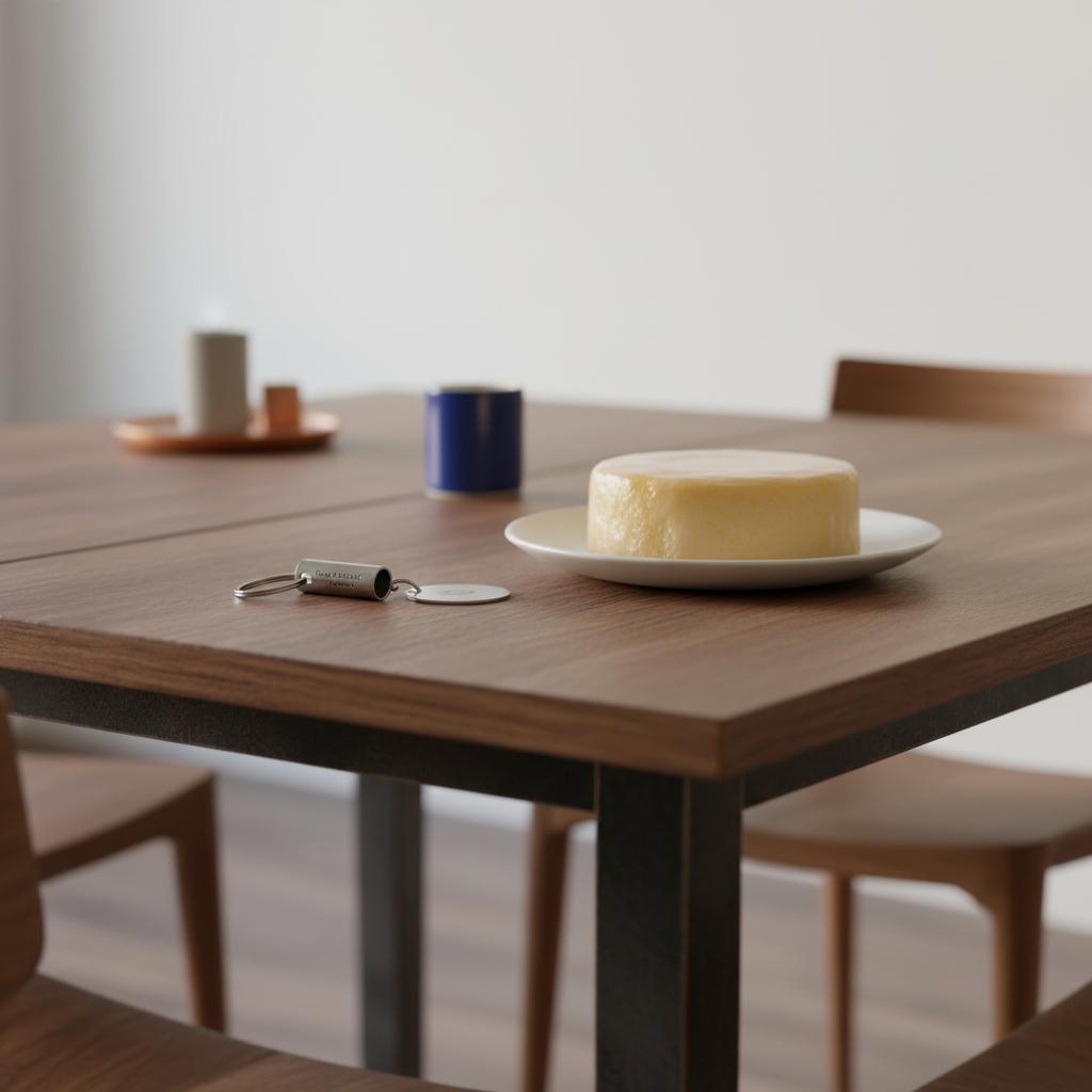 Intime Detailaufnahme eines Esstischs mit graviertem Schlüsselanhänger, kleinem Metallschild und einfacher Vanilletorte, warmes Licht und dezente Steelmonks-Akzente – geschenke für großeltern zur geburt
