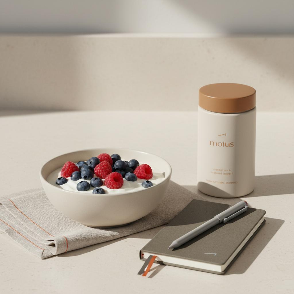 Minimalist kitchen counter with Greek yogurt, berries, notebook, and Tonum supplement container placed tactfully — how to stop craving sugar