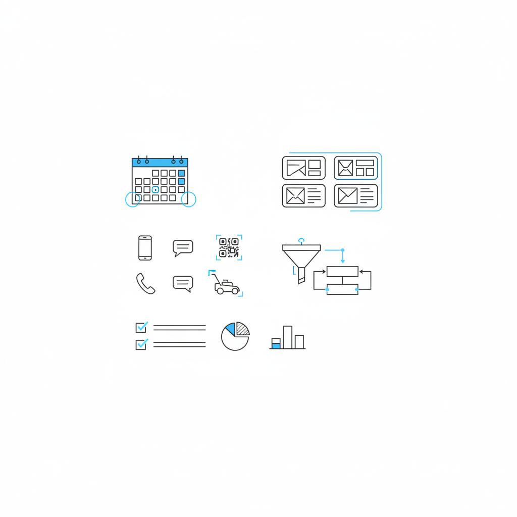 Minimal 2D vector flat-lay of a marketing planning notebook page with calendar, ad thumbnails, checklist and icons (phone, SMS, QR, lawn mower) for lawn care leads
