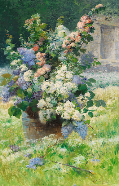 Lilac branches and hollyhocks around 1900
