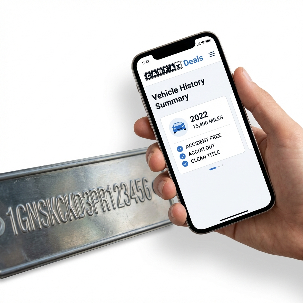 Close up of VIN plate and hand holding smartphone displaying a vehicle history report summary for suv for sale near me on a minimalist white background with CarFax Deals blue accents