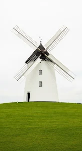 Traditional Historic Windmill in a Green Field Under an Overcast Sky
