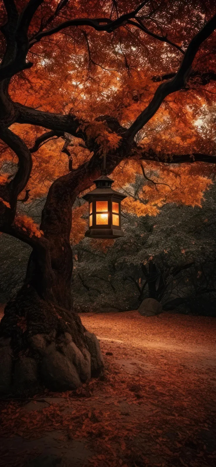 Glowing Lantern on Autumn Tree - Digital Fantasy Art Full HD iPhone Wallpaper (1284x2778)