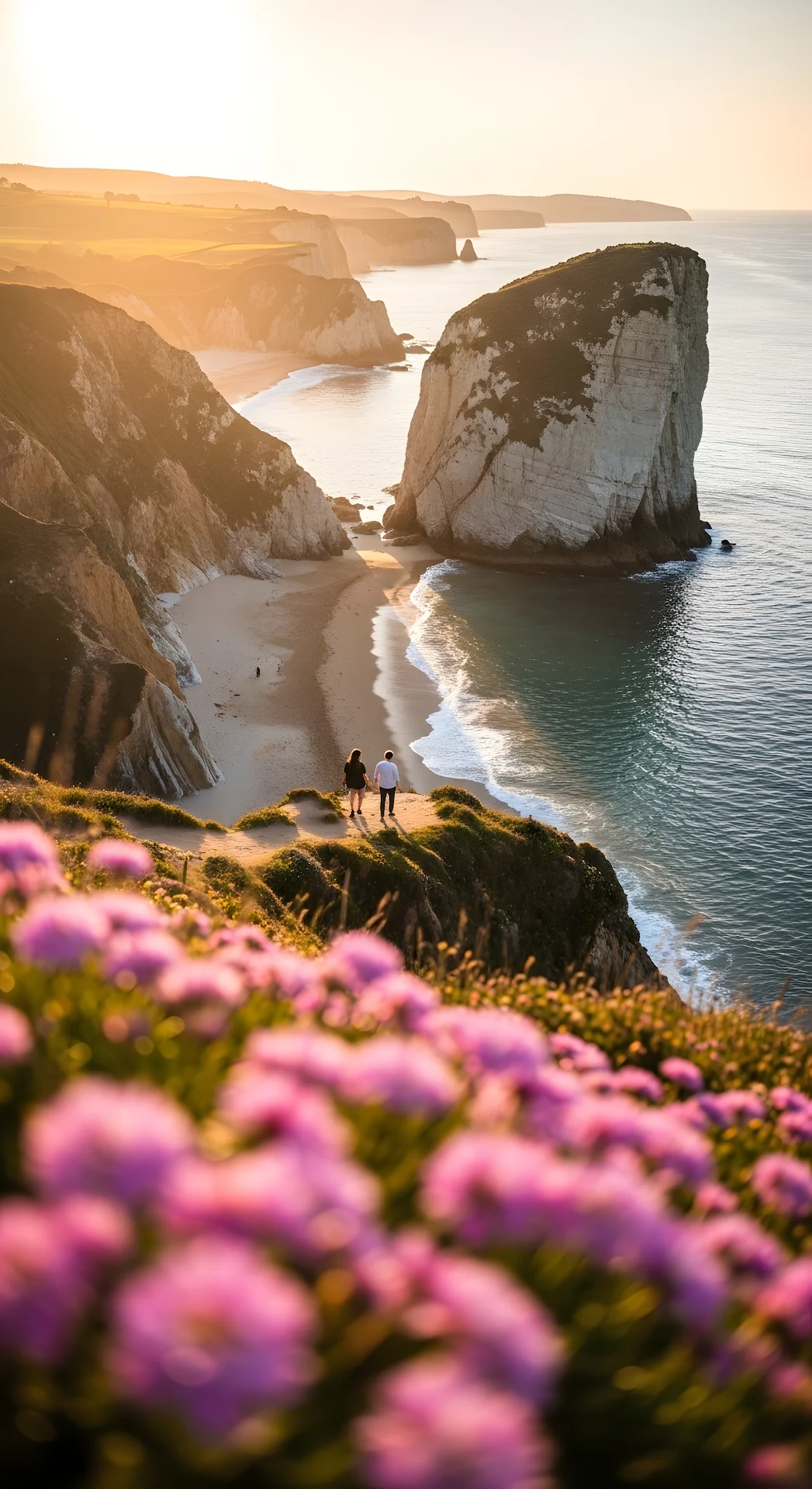 Couple on Cliff Edge Overlooking Sunset Coastal Cove - Free 4K mobile Wallpaper