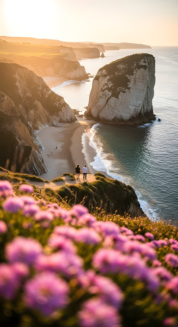 Couple on Cliff Edge Overlooking Sunset Coastal Cove - Free mobile Wallpaper