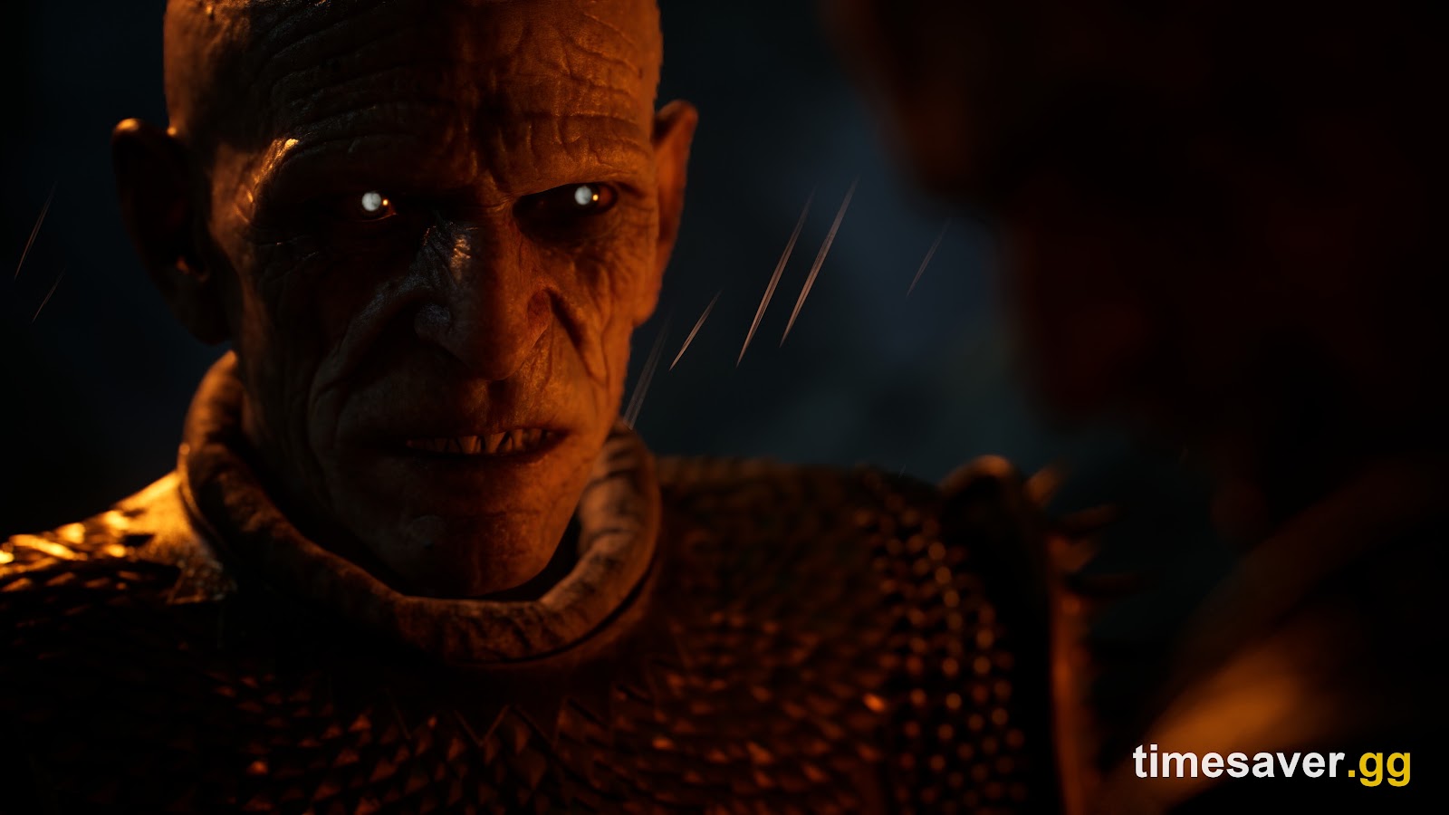 Close-up of a vrakhiri vampire with glowing eyes in The Blood of Dawnwalker