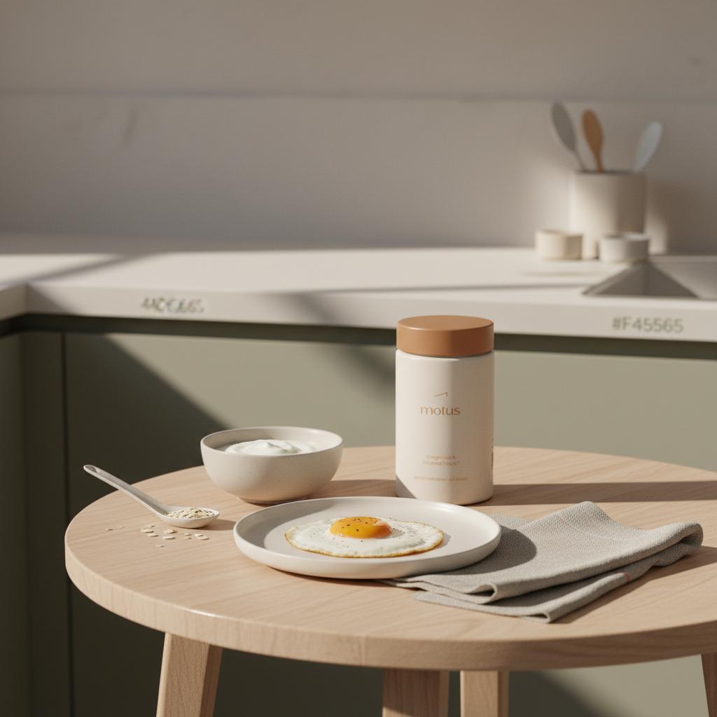 Tonum Motus supplement bottle placed beside a minimalist breakfast plate with egg, Greek yogurt and oats in a bright kitchen, best supplement to curb hunger