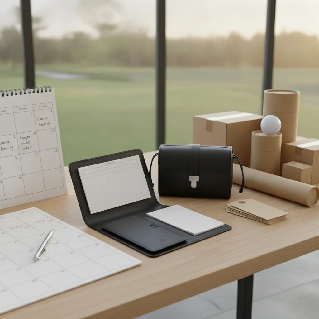 Bulk custom golf gear planning scene with premium accessories for tournament ordering workflow
