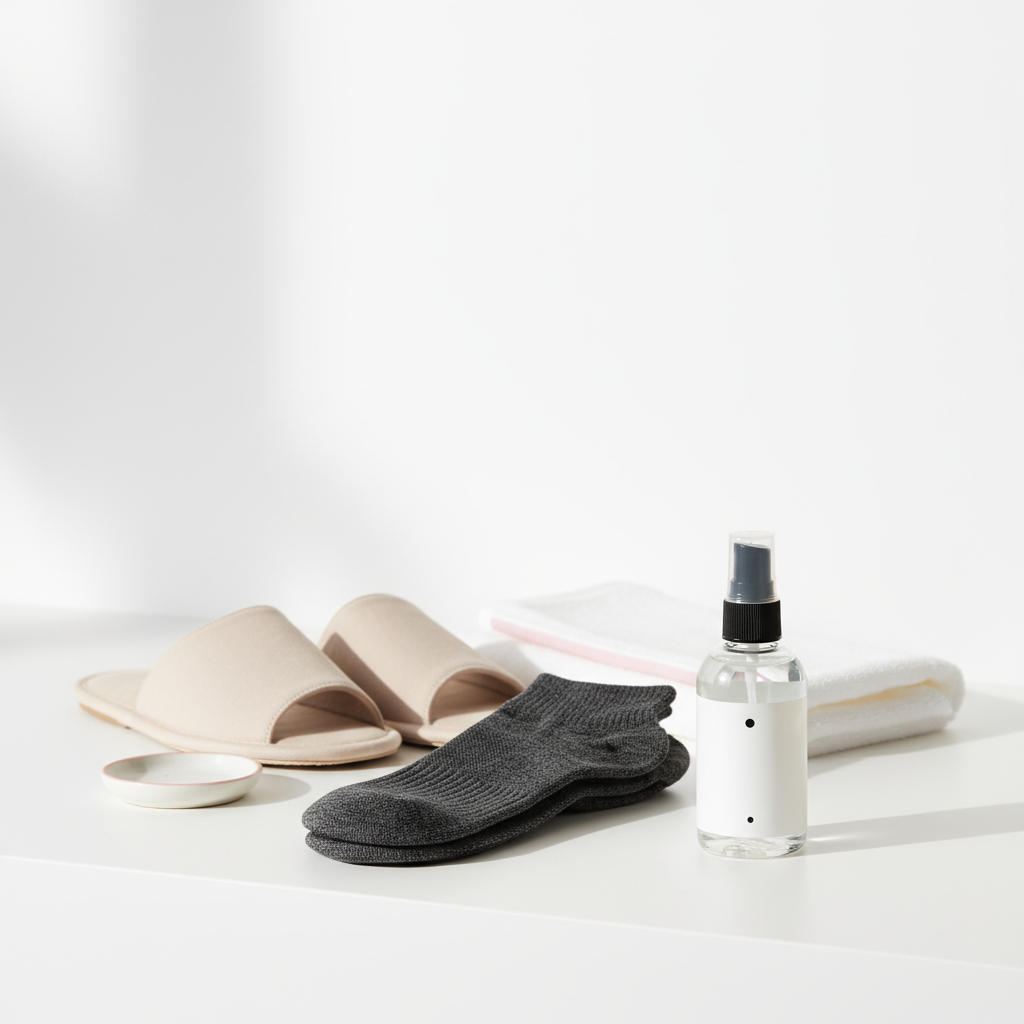 Minimalistische Badezimmerablage mit atmungsaktiven Sportsocken, offenen Hausschuhen und antimykotischem Schuhspray in NailX-Farben, Thema Nagelpilz wiederkehrend