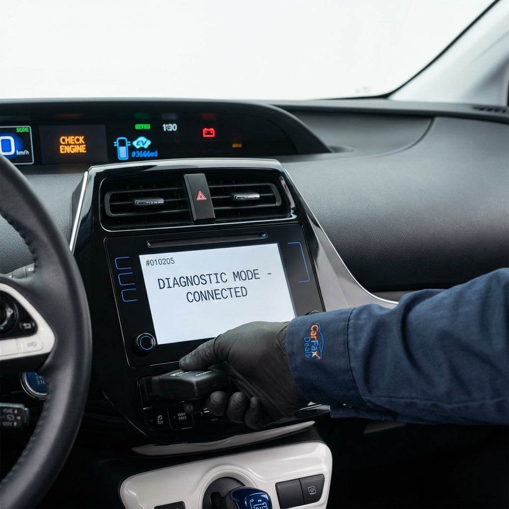 Close up hybrid dashboard with mechanic plugging diagnostic device into charging port on a used toyota for sale clean white background with CarFax Deals blue accents