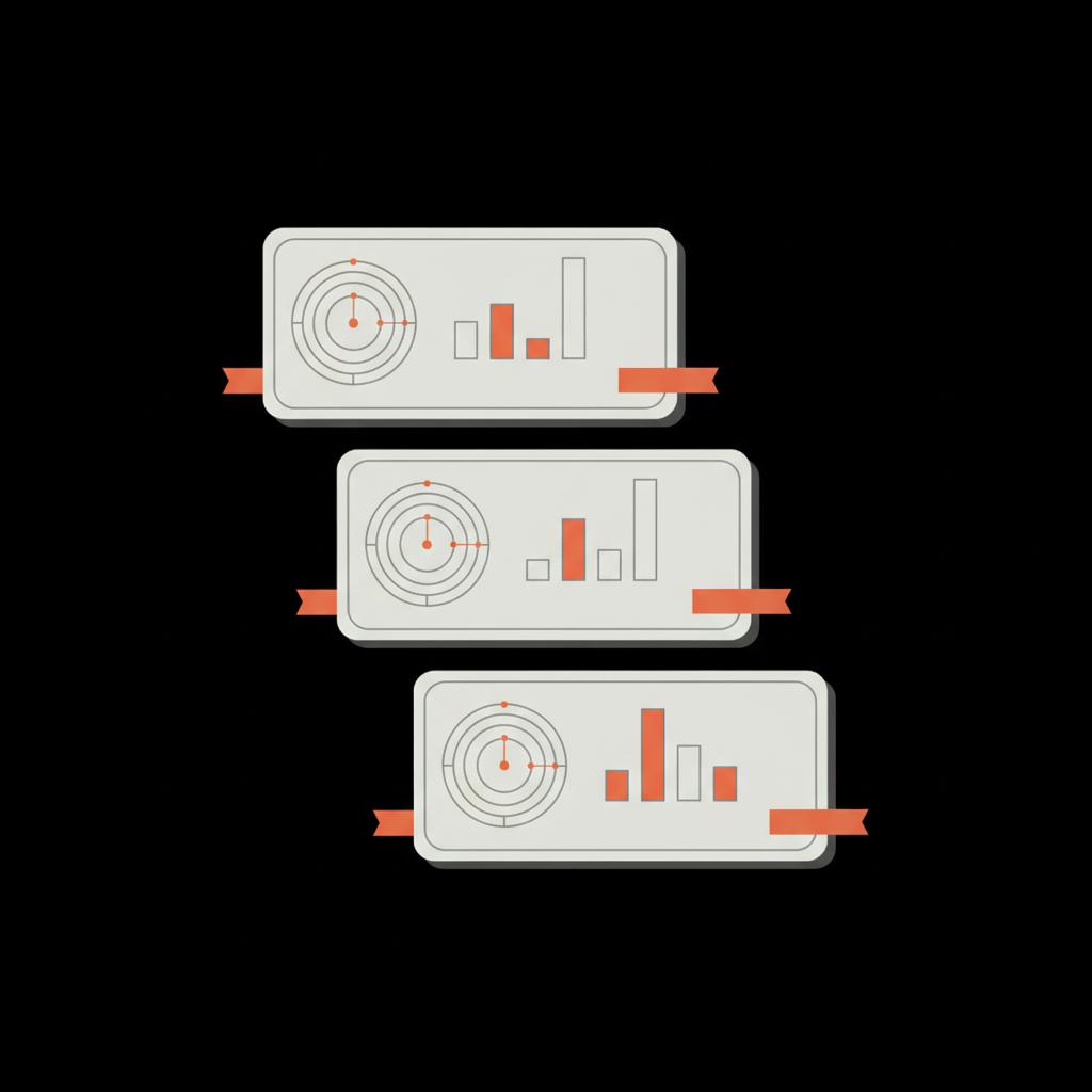 Minimal 2D vector infographic of three stacked social-handle cards with visual score bars and accent price bands on black background — how much is my IG name worth