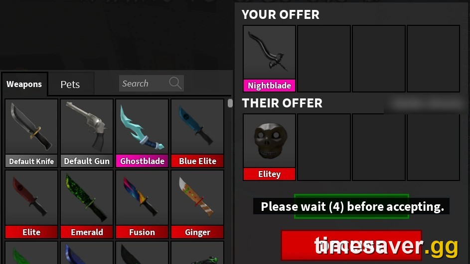 The MM2 trade window, with Your Offer and Their Offer panels and the accept timer