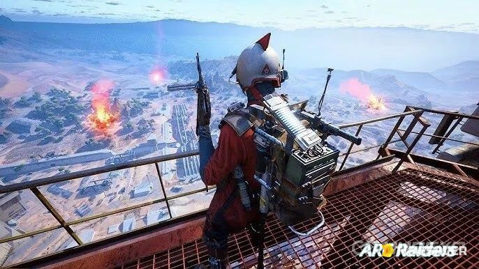 A lone ARC Raiders player on a vantage point overlooking Topside as flares and explosions go off below
