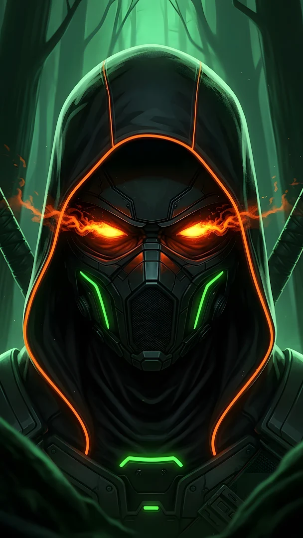 Neon Cyber Ninja in Dark Forest with Fiery Eyes