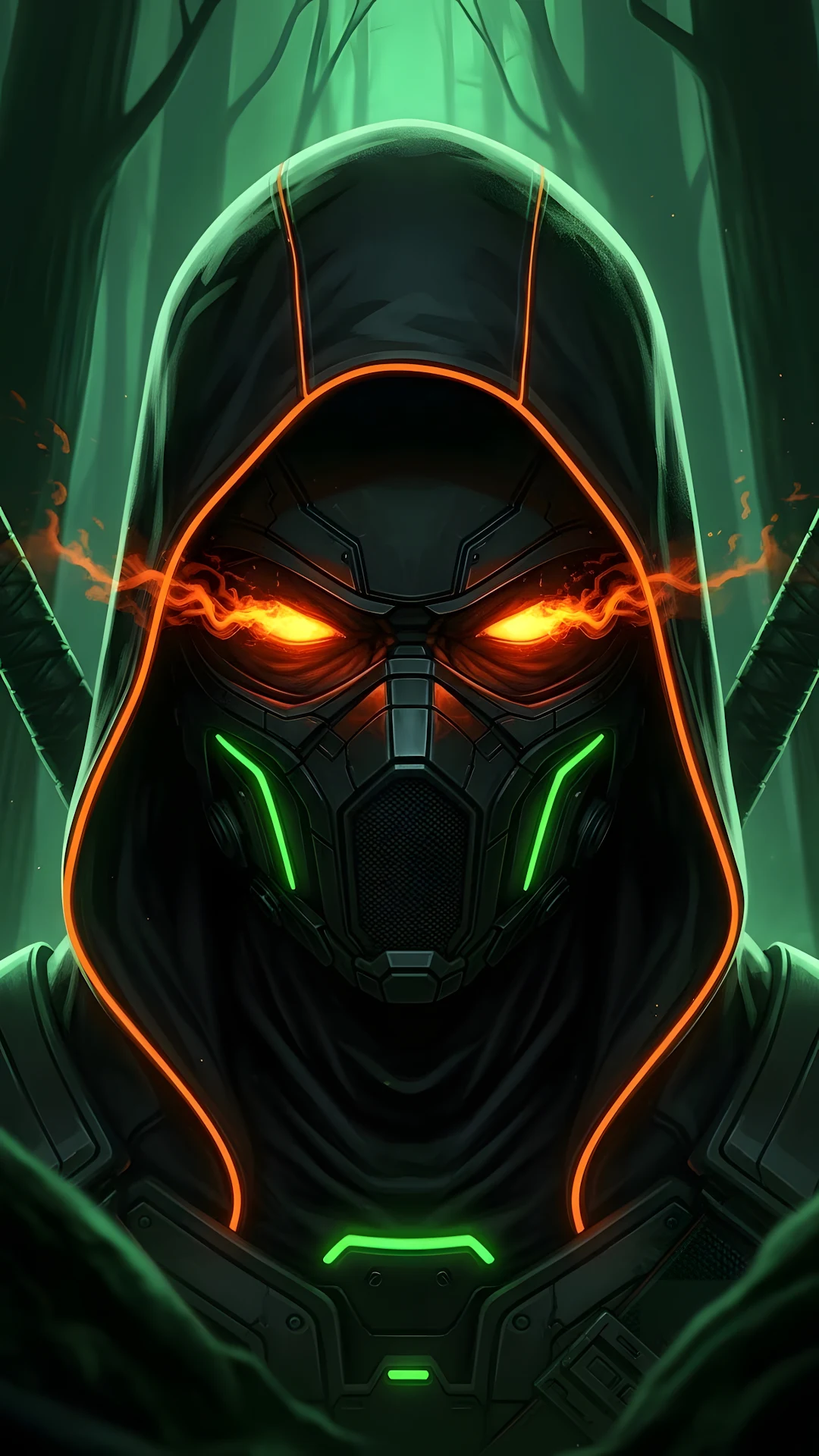Neon Cyber Ninja in Dark Forest with Fiery Eyes - Free 4K mobile Wallpaper