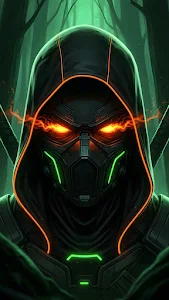 Neon Cyber Ninja in Dark Forest with Fiery Eyes