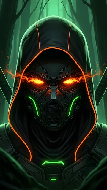 Neon Cyber Ninja in Dark Forest with Fiery Eyes