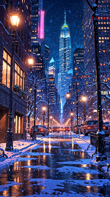 Snowy City Street at Night with Glowing Lights - Free mobile Wallpaper