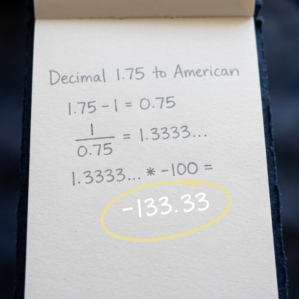 Close up notepad showing decimal odds calculator conversion of 1.75 to American odds negative 133.33 handwritten with the final result circled in pale yellow