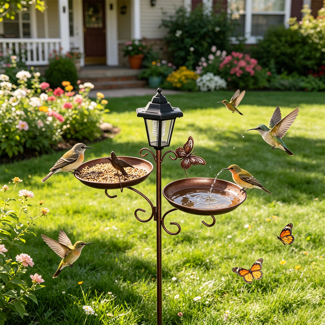 Solar-Vogelbad aus Metall mit Futterstelle