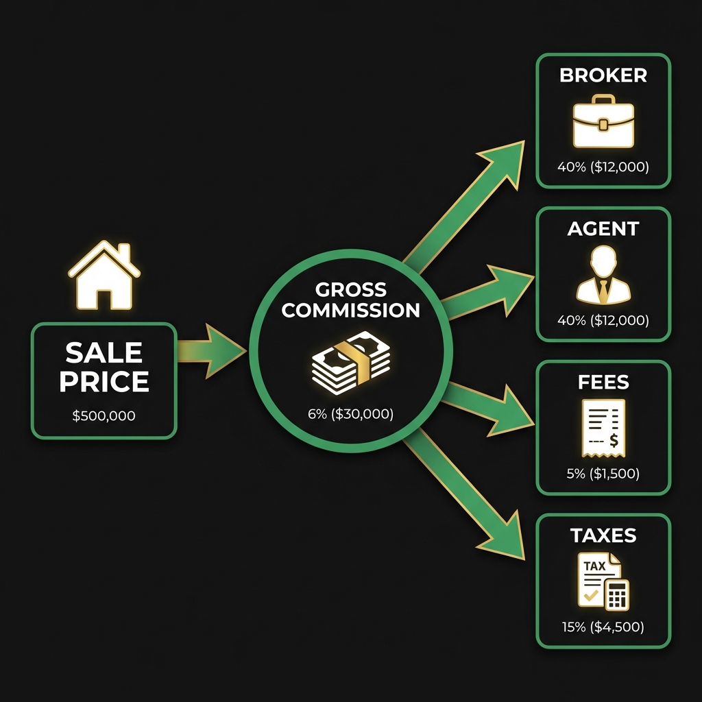 Minimalist infographic showing how can i get started in real estate commission flow from sale price to gross commission then splits to broker agent fees and taxes on a dark Finance Police background