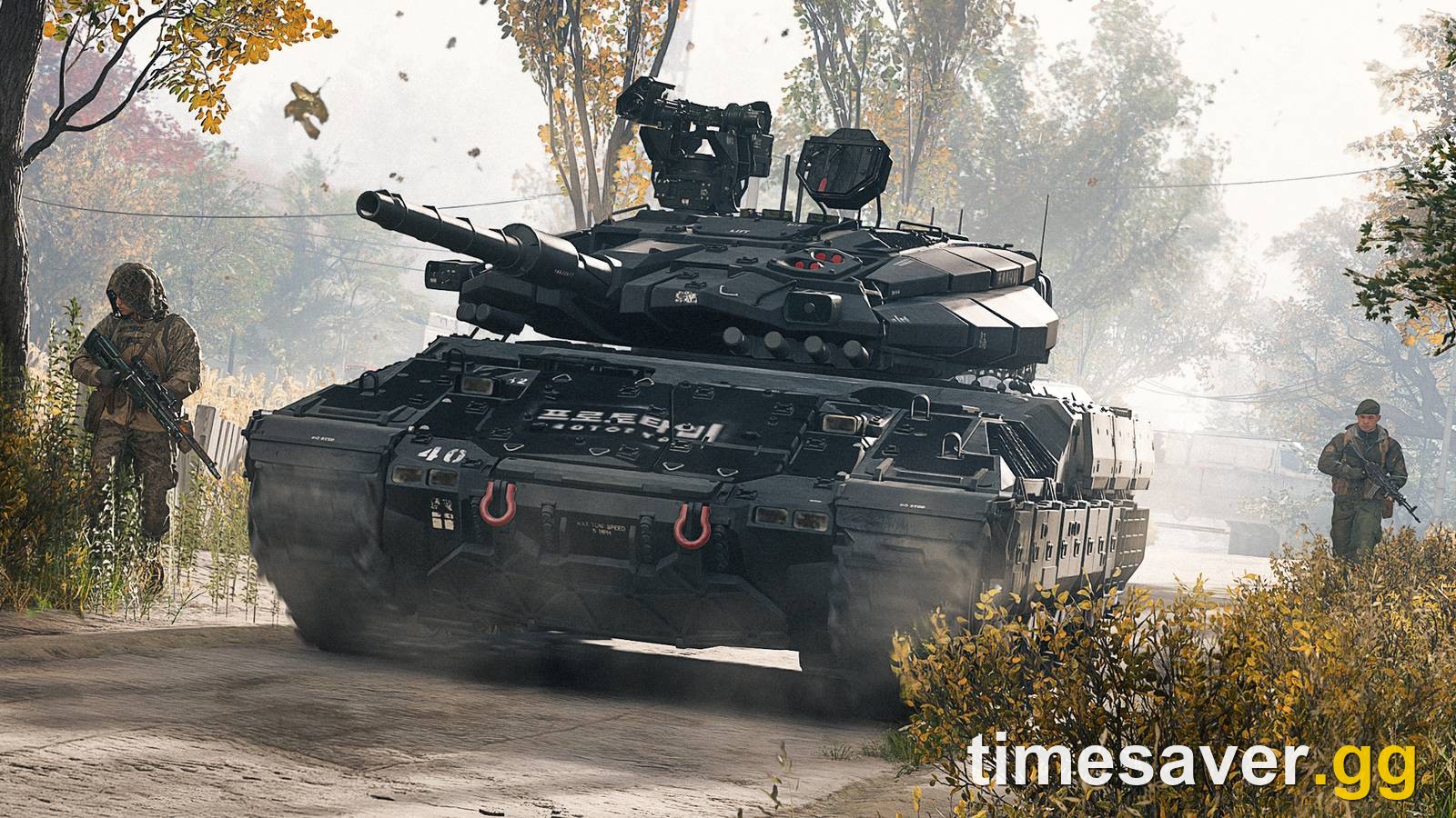 Modern Warfare 4 DMZ official screenshot — a battle tank and operators moving through the autumn Hajin countryside, part of the exclusion zone on the Russia/Korea border