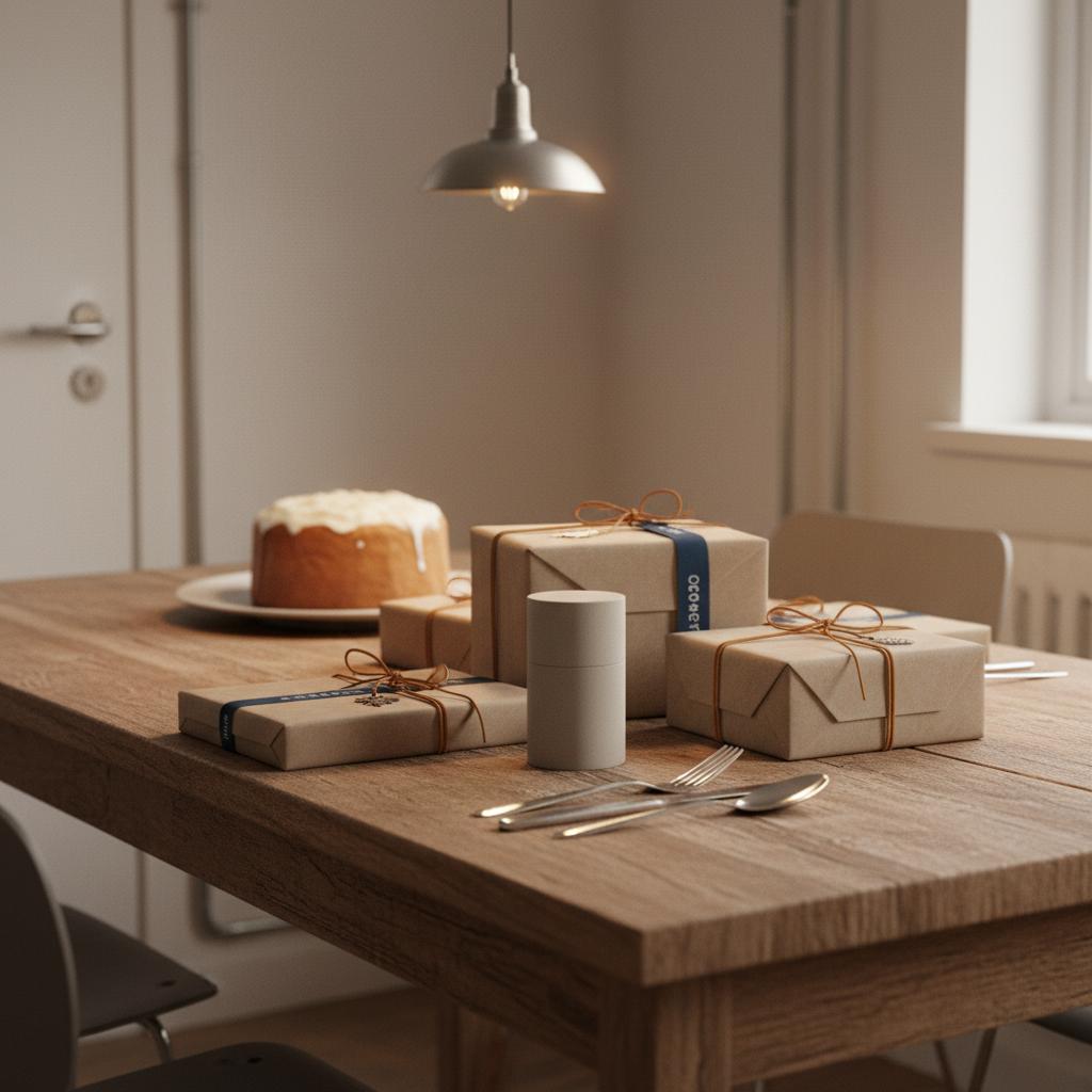 Intime Esstisch-Szene mit dezent verpackten Geschenken und Vanillekuchen, Detailaufnahme der Geschenkverpackungen und Metall-Akzenten, warme industrielle Atmosphäre — Trends 14-jährige Mädchen