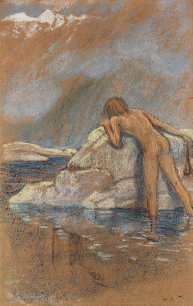 Knabenakt mit Steinschleuder Murmeltiere jagend Ca 1892 94