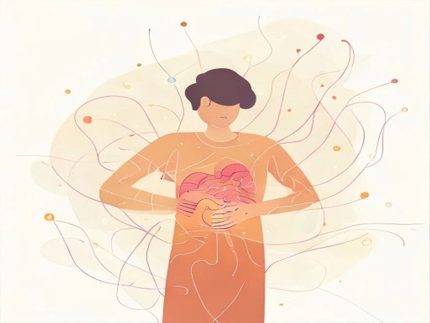 배를 감싸고 불편해하는 사람의 모습과 소화 불량을 상징하는 추상적인 위장 그림.